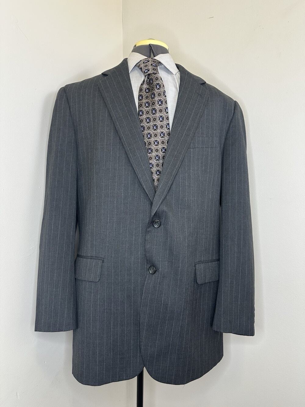 Chaps Mens 46L Blazer Gray Striped Wool 2 Button 3XL 50" Sport Coat Suit Jacket